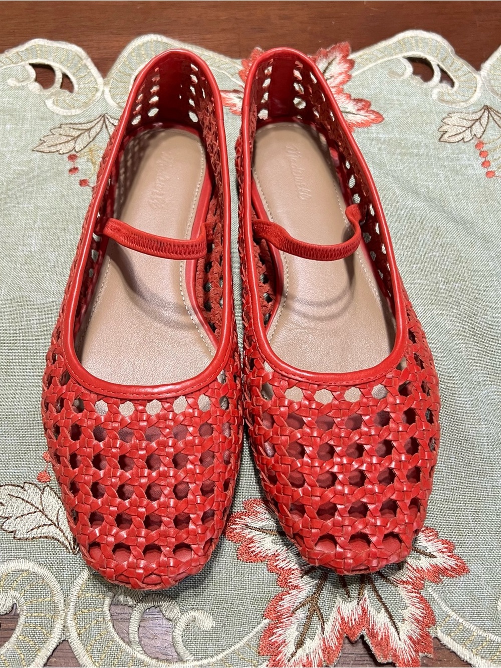 Madewell Red Leather Woven Mary Jane Flats Size 7